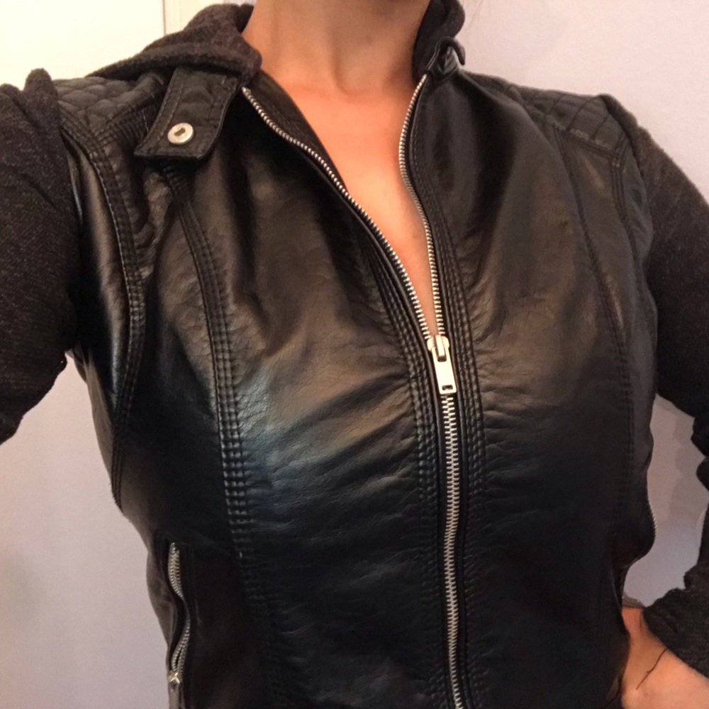 LEATHER & CLOTH HOODED ZIP UP JACKET/BOMBER BLACK